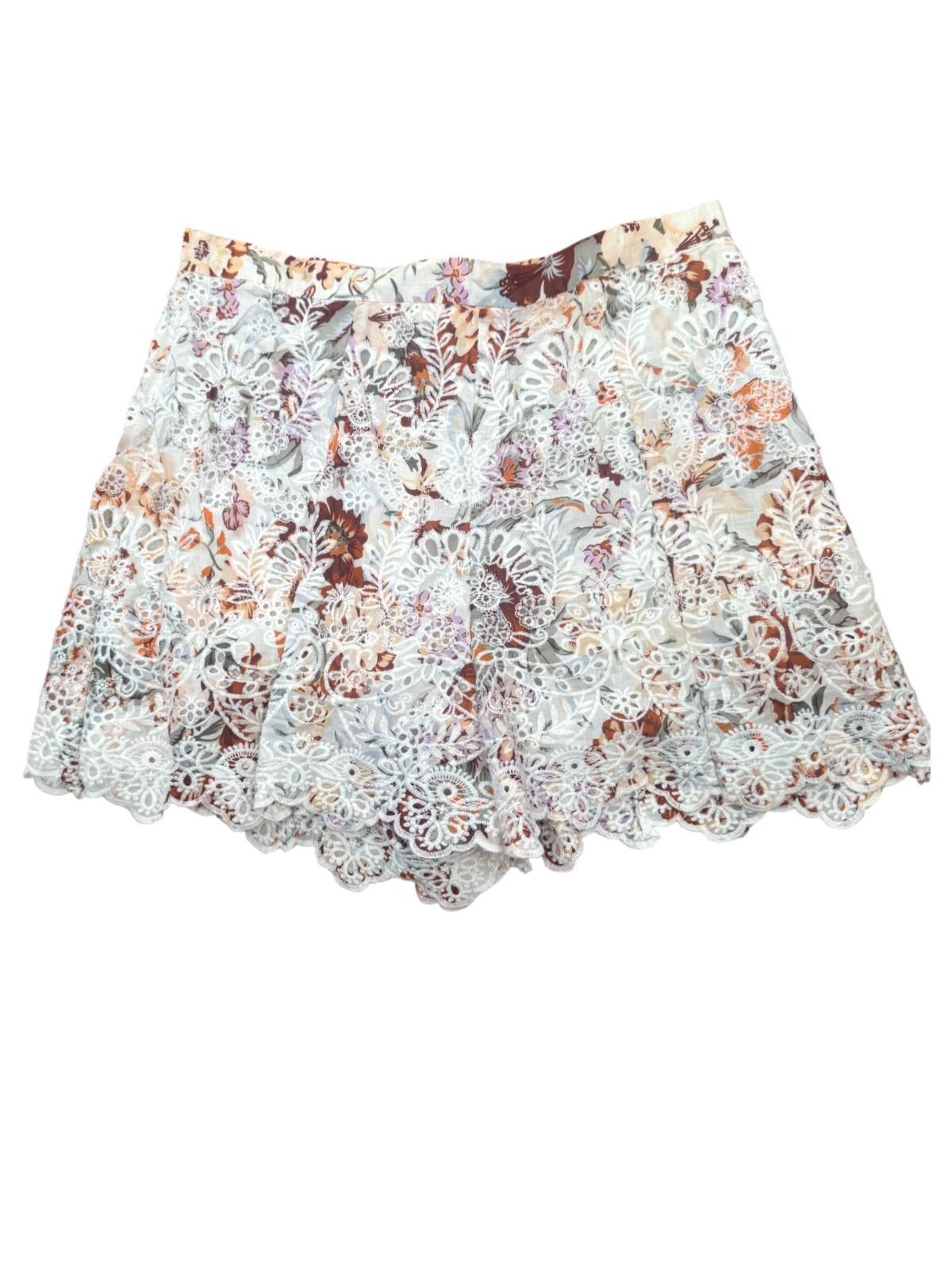 Zimmermann Embroidered Shorts | Sz 2, High Waisted, White/Tan, Culottes, Scallop
