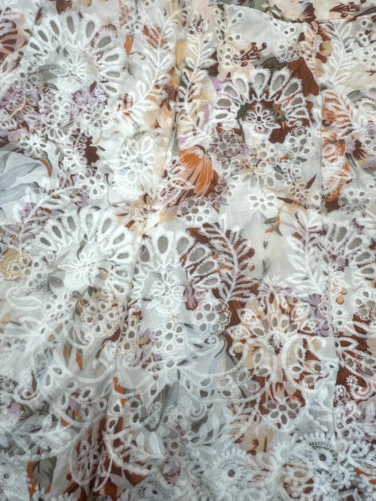 Zimmermann Embroidered Shorts | Sz 2, High Waisted, White/Tan, Culottes, Scallop