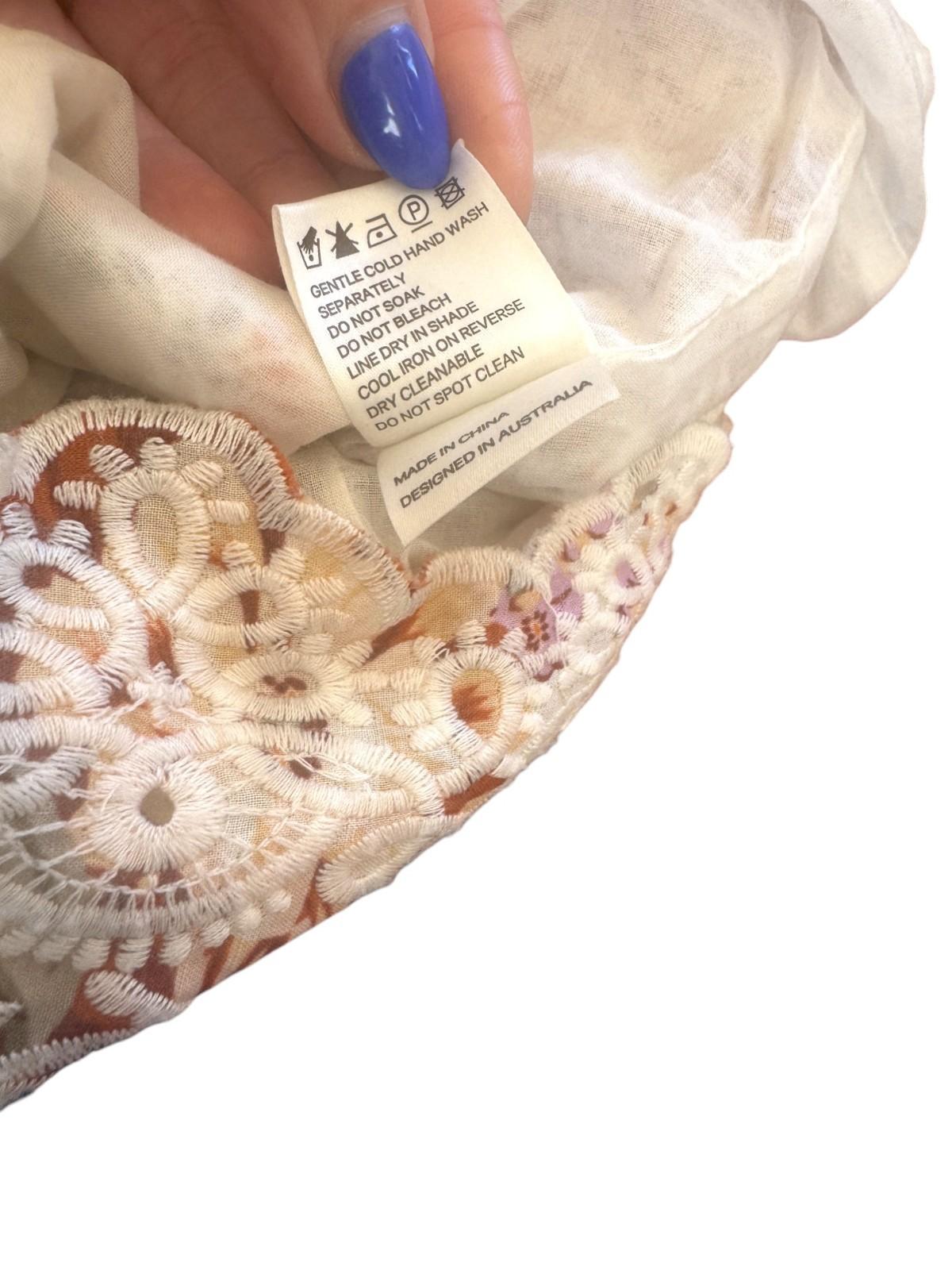 Zimmermann Embroidered Shorts | Sz 2, High Waisted, White/Tan, Culottes, Scallop