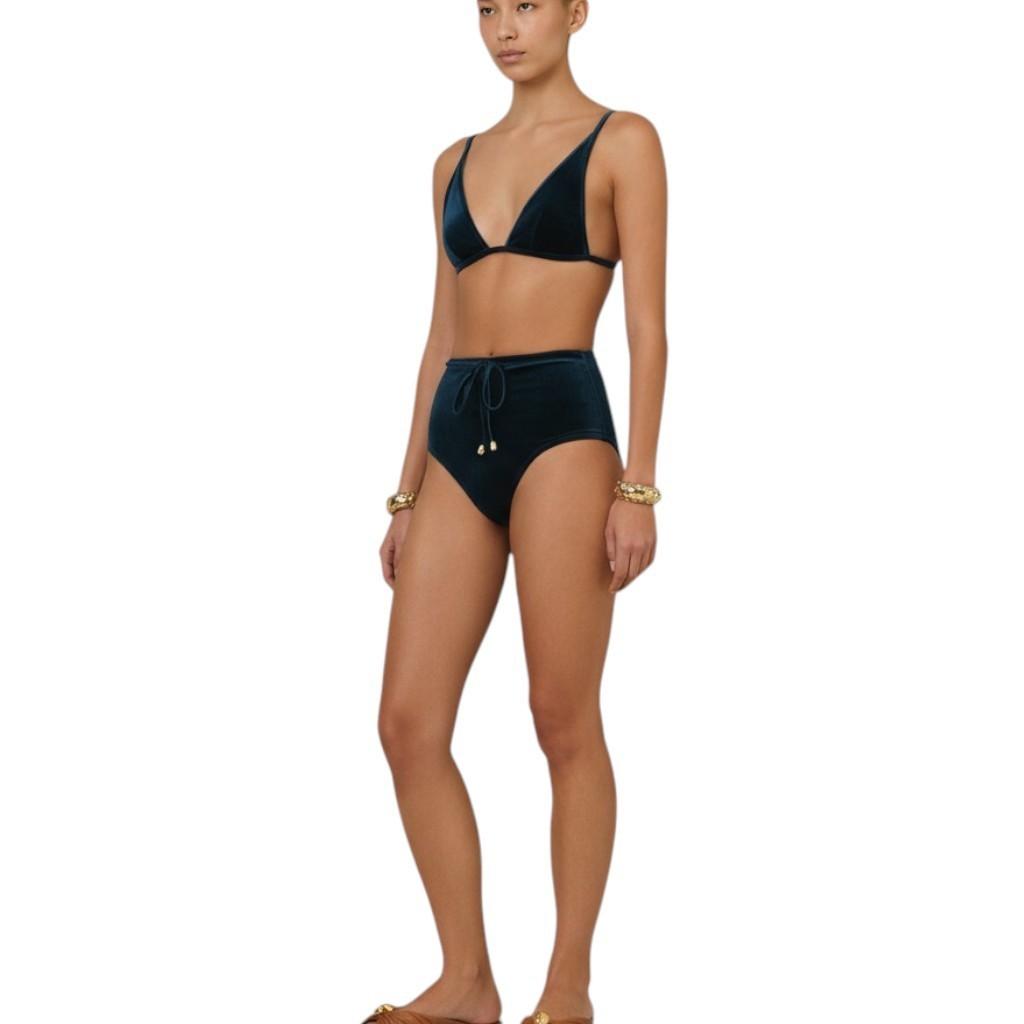 Zimmermann Tallow Velvet Tri Bikini Set| Teal Blue Velvet, High Rise, Triangle