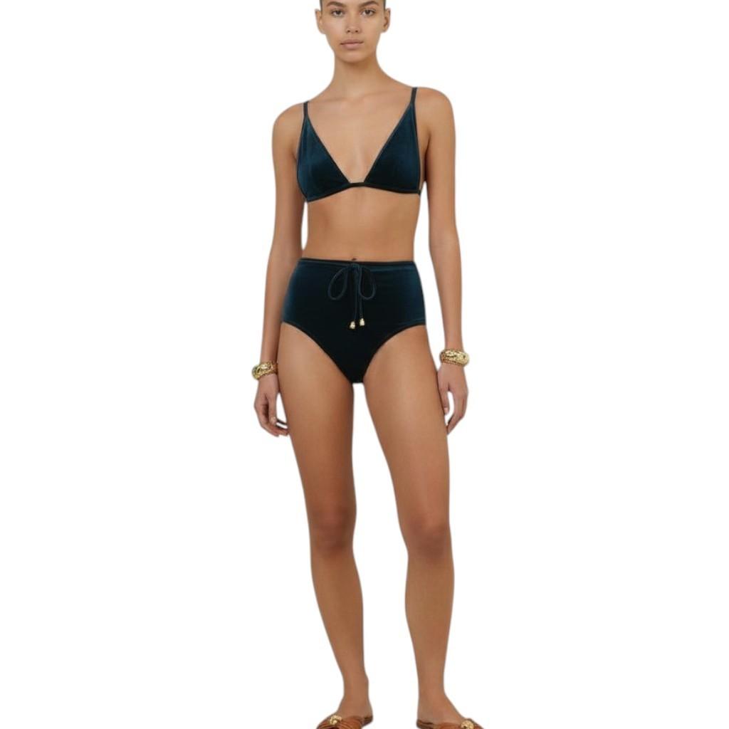 Zimmermann Tallow Velvet Tri Bikini Set| Teal Blue Velvet, High Rise, Triangle