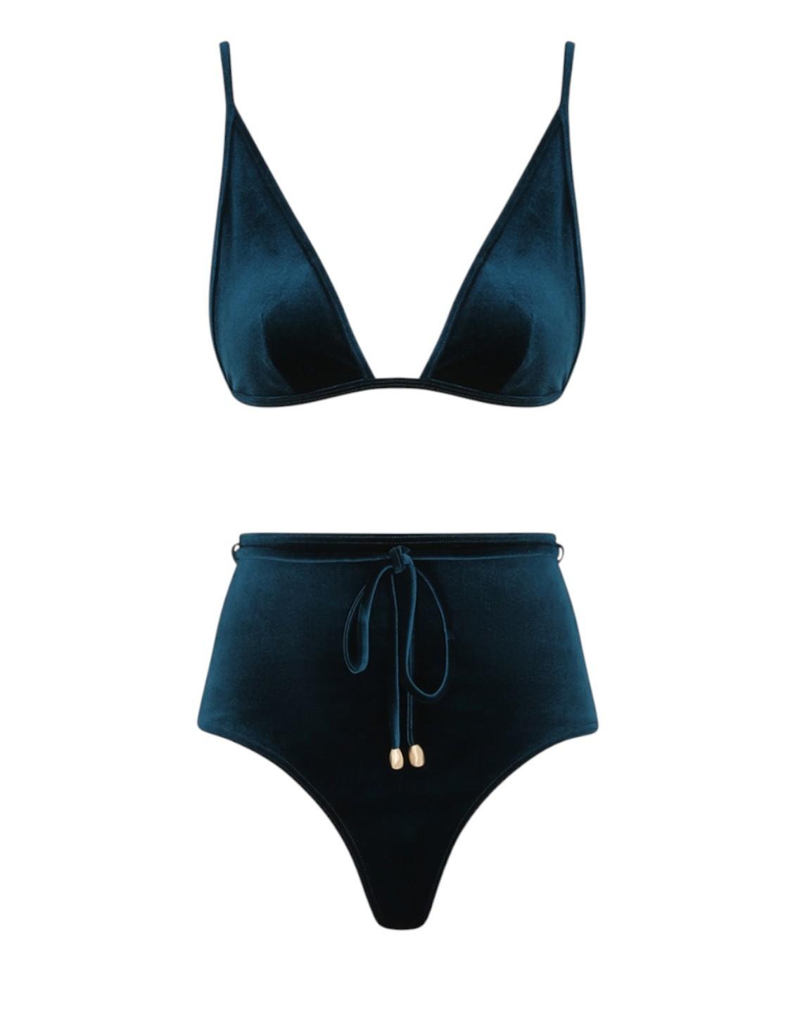 Zimmermann Tallow Velvet Tri Bikini Set| Teal Blue Velvet, High Rise, Triangle