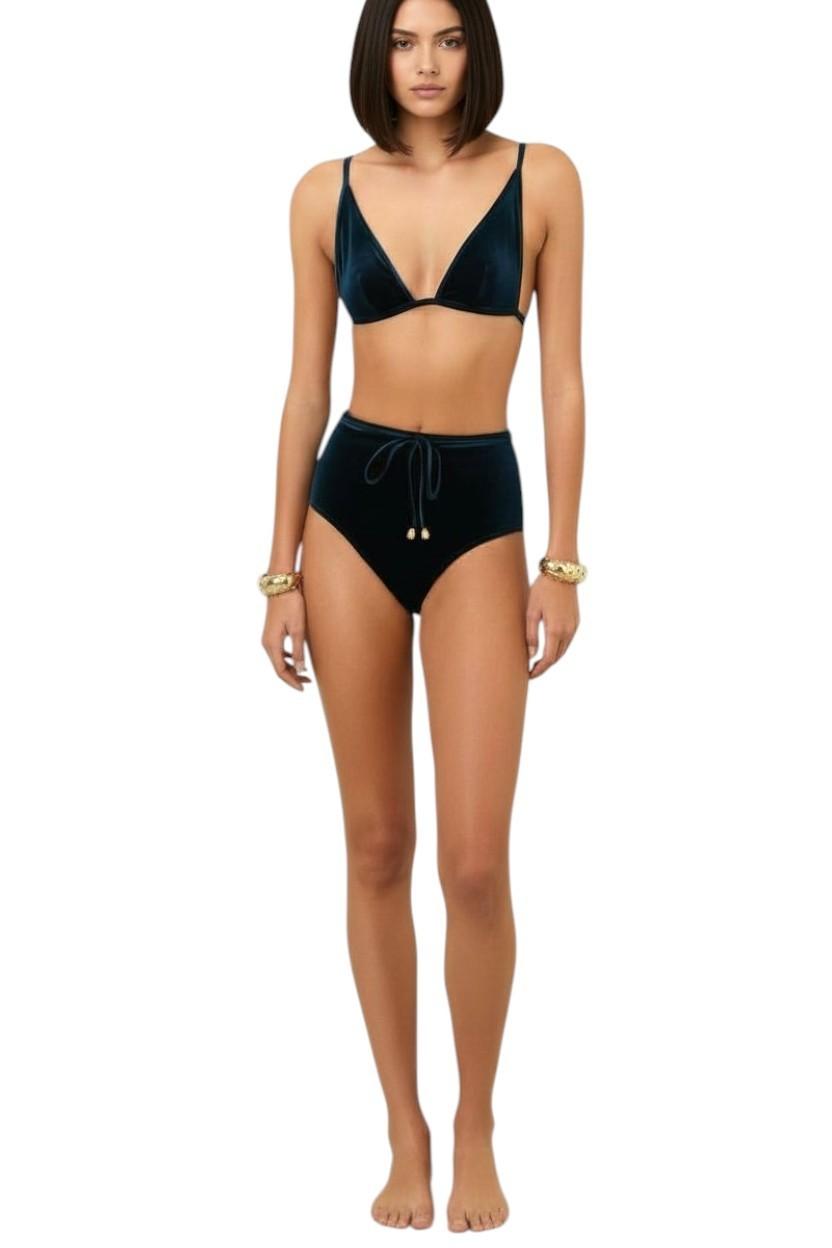 Zimmermann Tallow Velvet Tri Bikini Set| Teal Blue Velvet, High Rise, Triangle