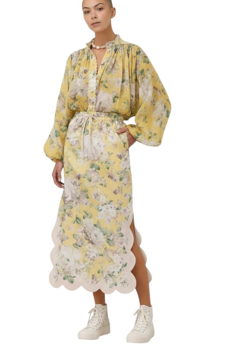 Zimmermann Acacia Scallop Blouse | Yellow Floral, Ramie, Dolman Long Sleeves
