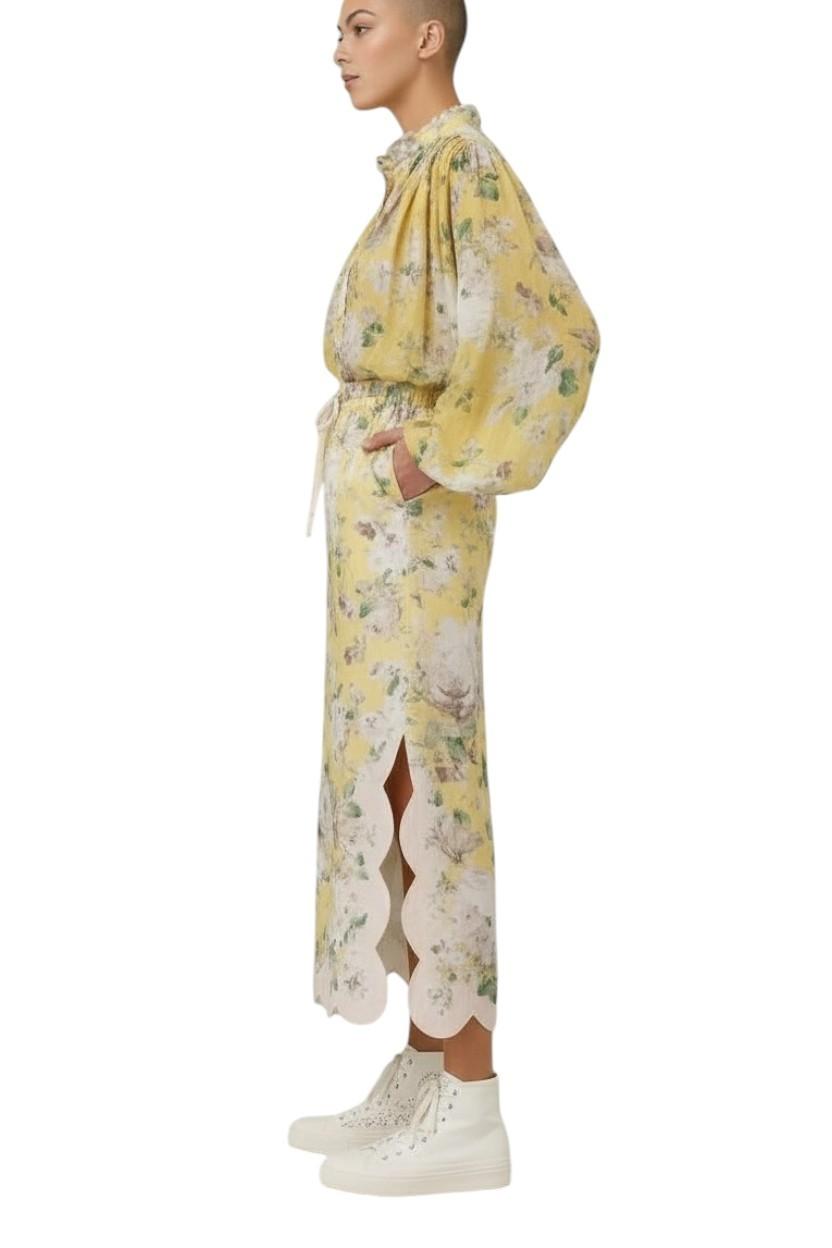 Zimmermann Acacia Scallop Blouse | Yellow Floral, Ramie, Dolman Long Sleeves