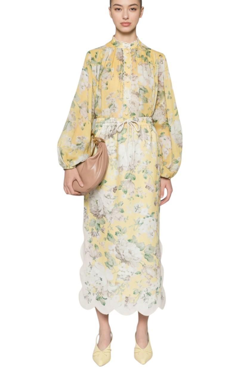 Zimmermann Acacia Scallop Blouse | Yellow Floral, Ramie, Dolman Long Sleeves
