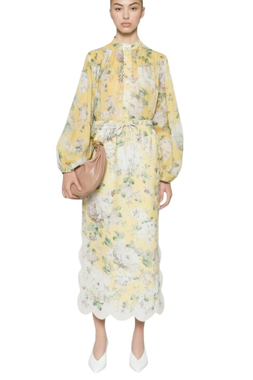 Zimmermann Acacia Scallop Blouse | Yellow Floral, Ramie, Dolman Long Sleeves
