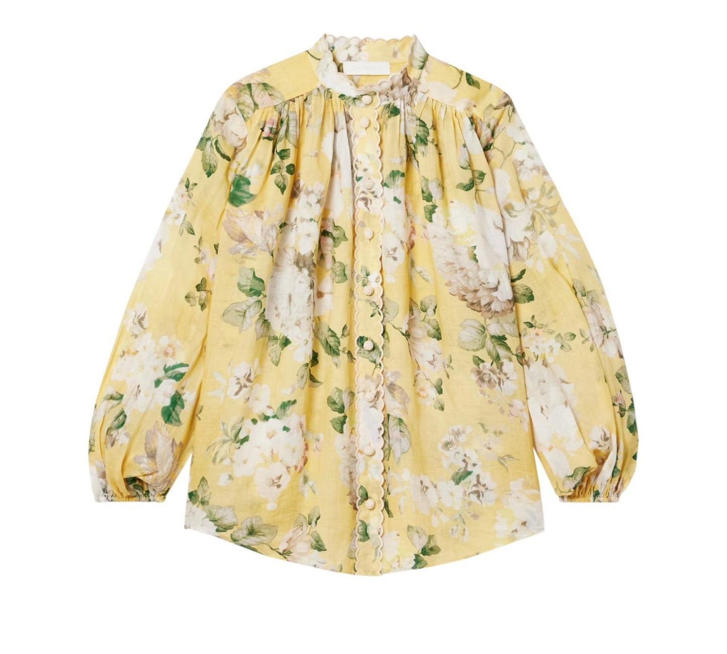 Zimmermann Acacia Scallop Blouse | Yellow Floral, Ramie, Dolman Long Sleeves