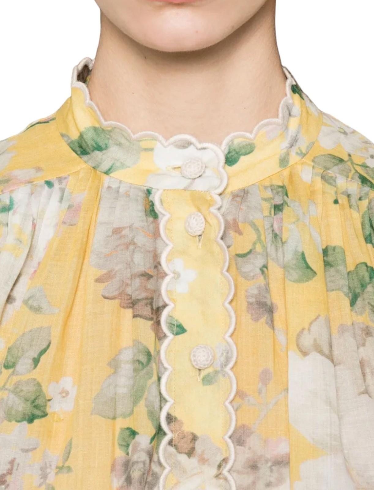 Zimmermann Acacia Scallop Blouse | Yellow Floral, Ramie, Dolman Long Sleeves