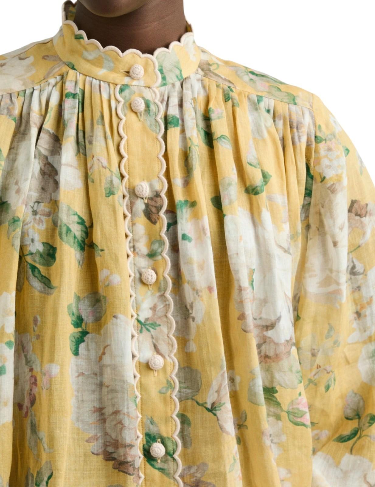 Zimmermann Acacia Scallop Blouse | Yellow Floral, Ramie, Dolman Long Sleeves