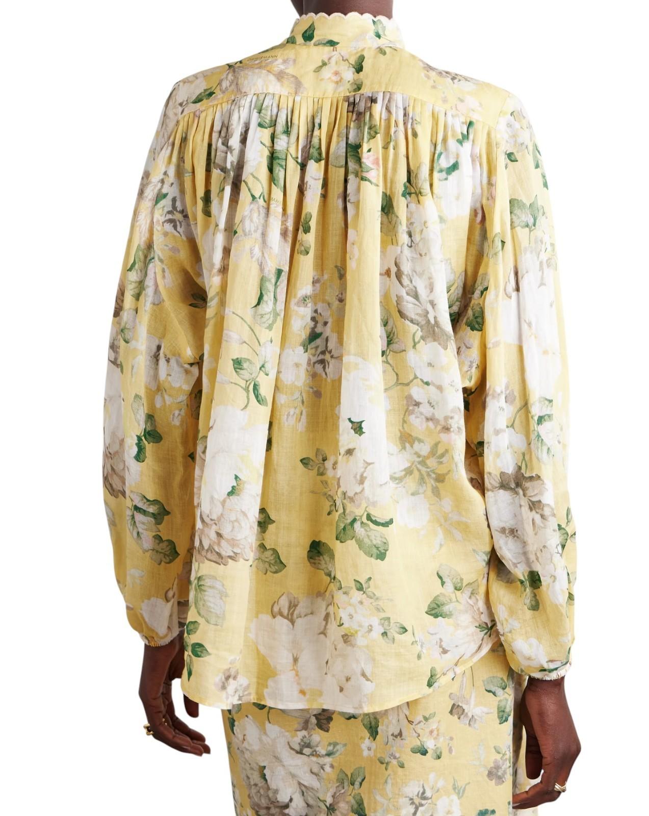 Zimmermann Acacia Scallop Blouse | Yellow Floral, Ramie, Dolman Long Sleeves