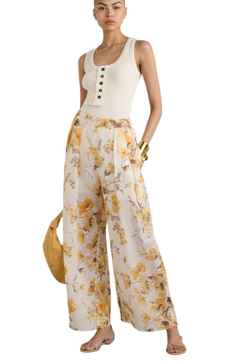 Zimmermann Ottie Wide Leg Pant | Orange/White Floral, Elasticated Waist, Ramie
