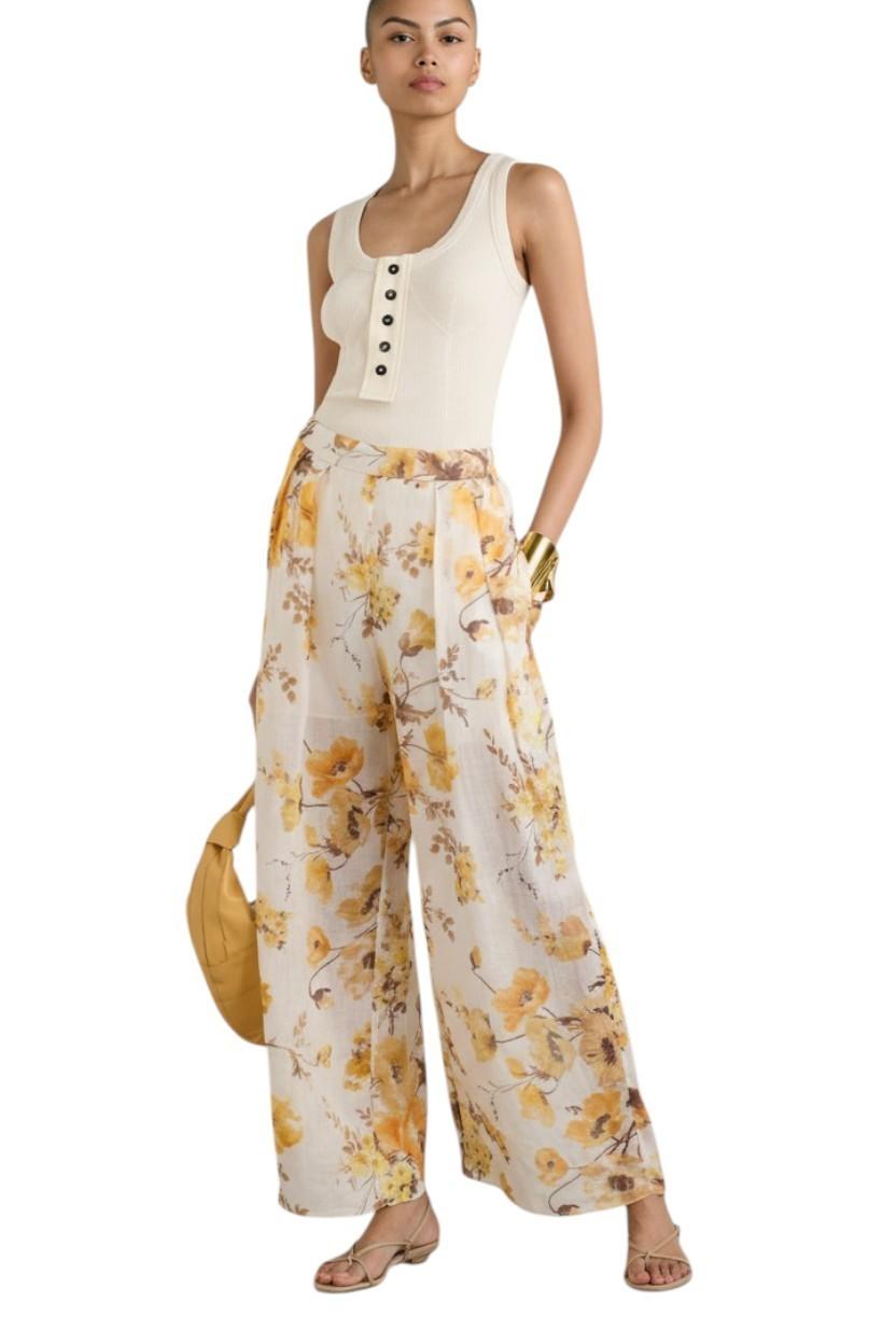 Zimmermann Ottie Wide Leg Pant | Orange/White Floral, Elasticated Waist, Ramie