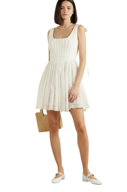 Zimmermann Alight Corset Mini Dress | White Ramie Lace Fabric, Fit & Flare, Bows