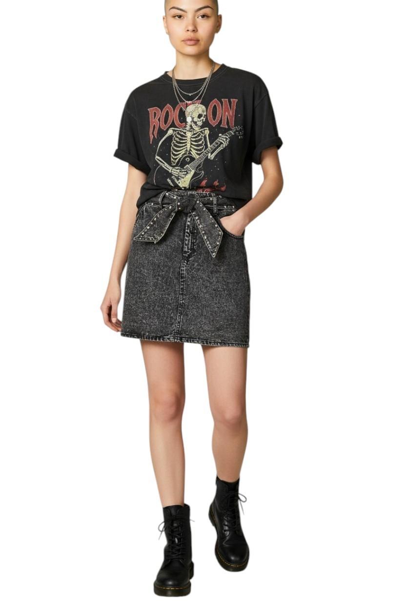 SANDRO Fredie Denim Skirt |Crystal Embellished, Sz 3, Grey, Tie Belt, High Waist