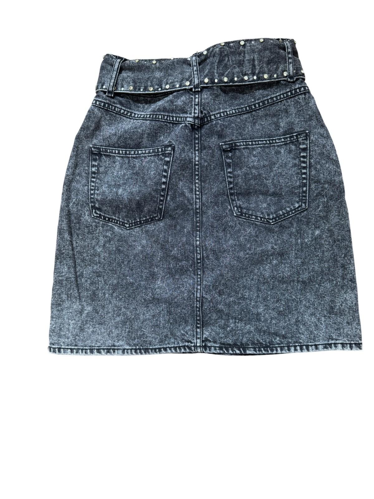 SANDRO Fredie Denim Skirt |Crystal Embellished, Sz 3, Grey, Tie Belt, High Waist