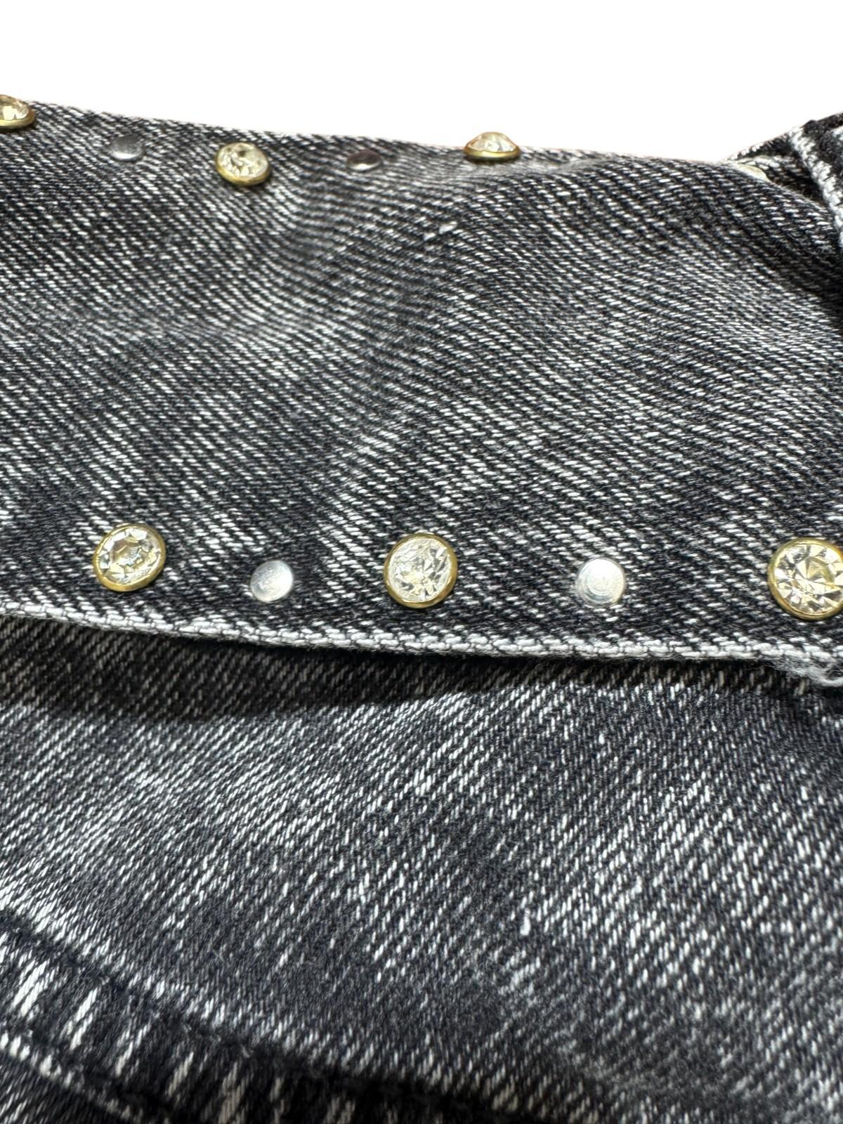 SANDRO Fredie Denim Skirt |Crystal Embellished, Sz 3, Grey, Tie Belt, High Waist