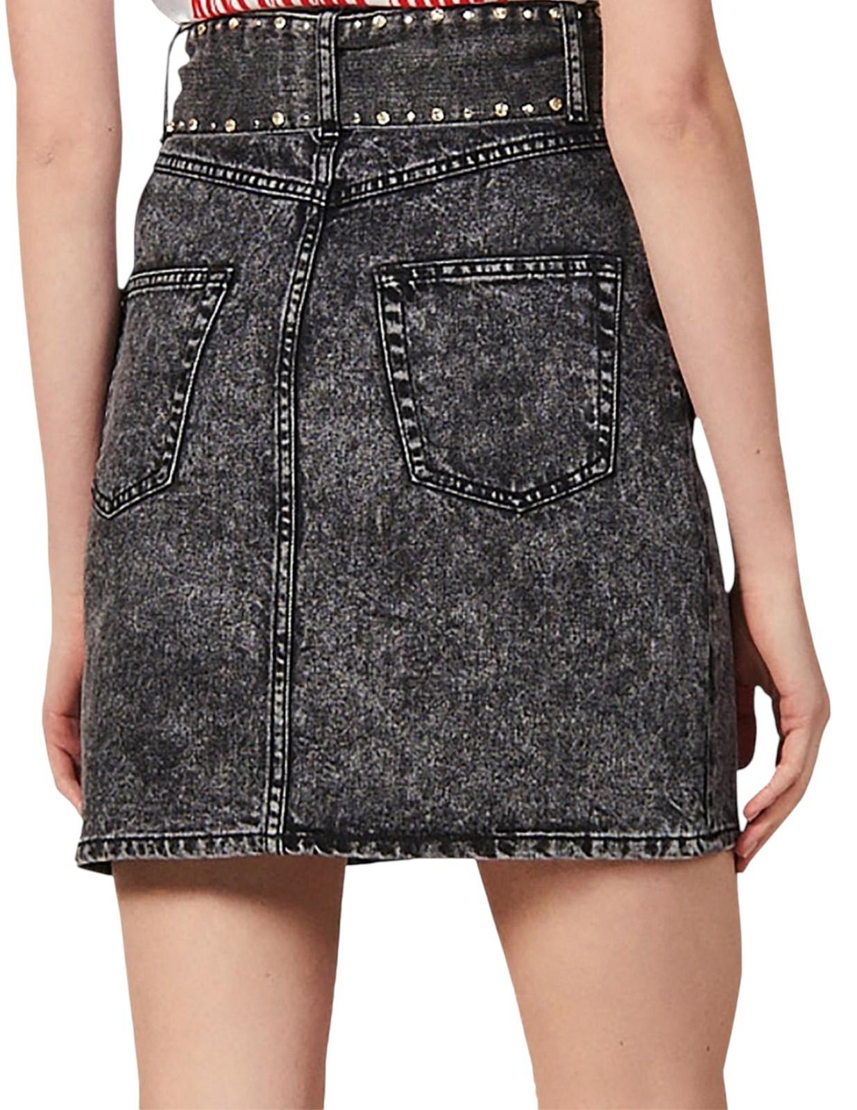 SANDRO Fredie Denim Skirt |Crystal Embellished, Sz 3, Grey, Tie Belt, High Waist