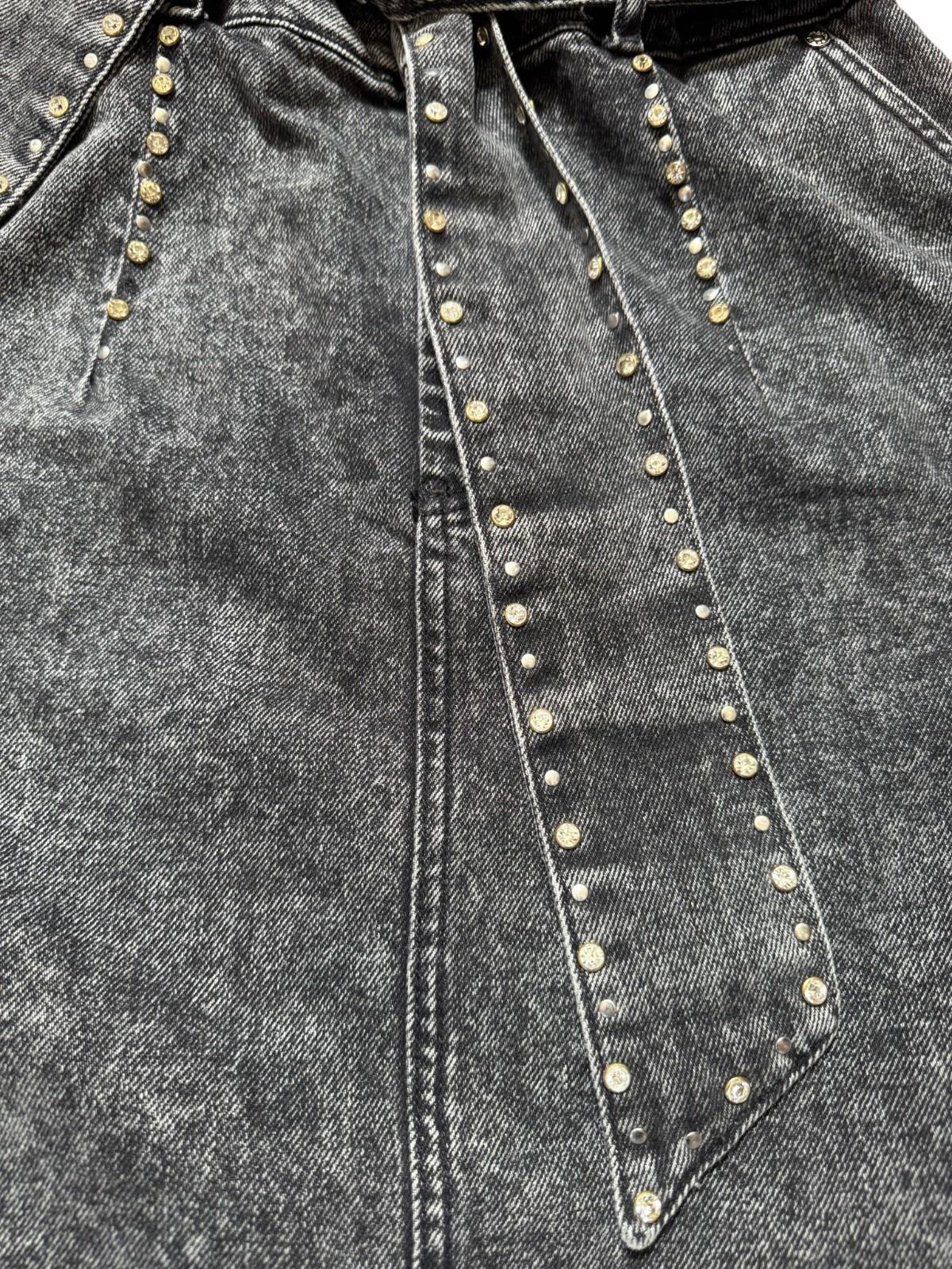 SANDRO Fredie Denim Skirt |Crystal Embellished, Sz 3, Grey, Tie Belt, High Waist