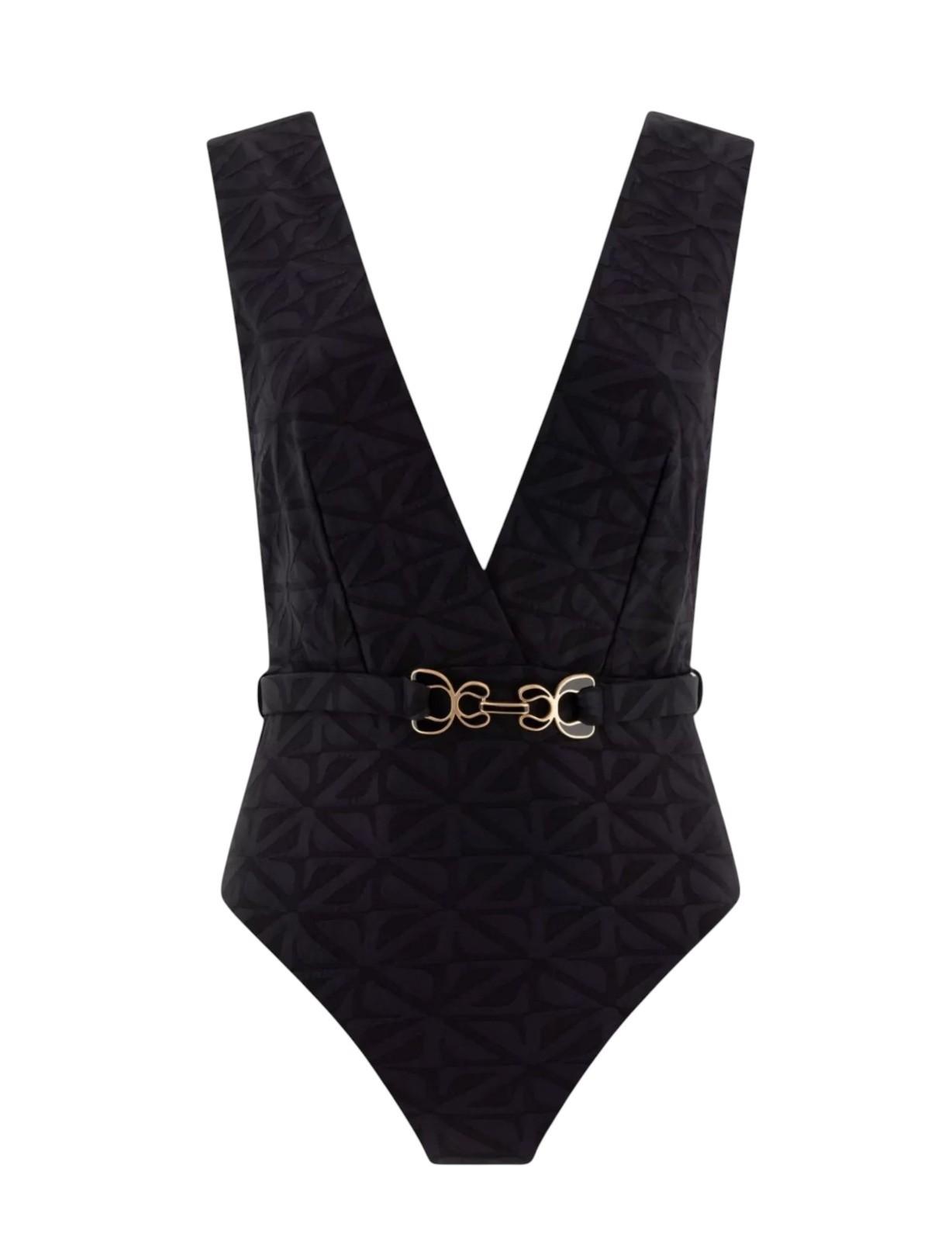 Zimmermann Maxine Textured One Piece |Black, Low Plunging V-Neck, Backless, Belt