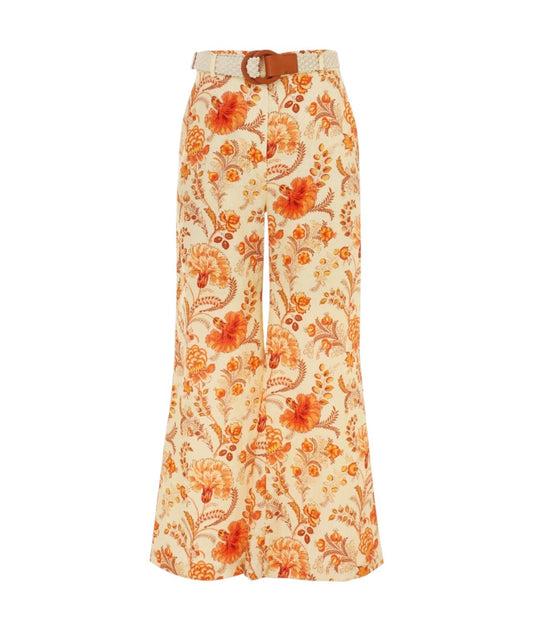 Zimmermann Junie Cropped Flare Pant | Yellow Floral, Linen, Belt, High Waist