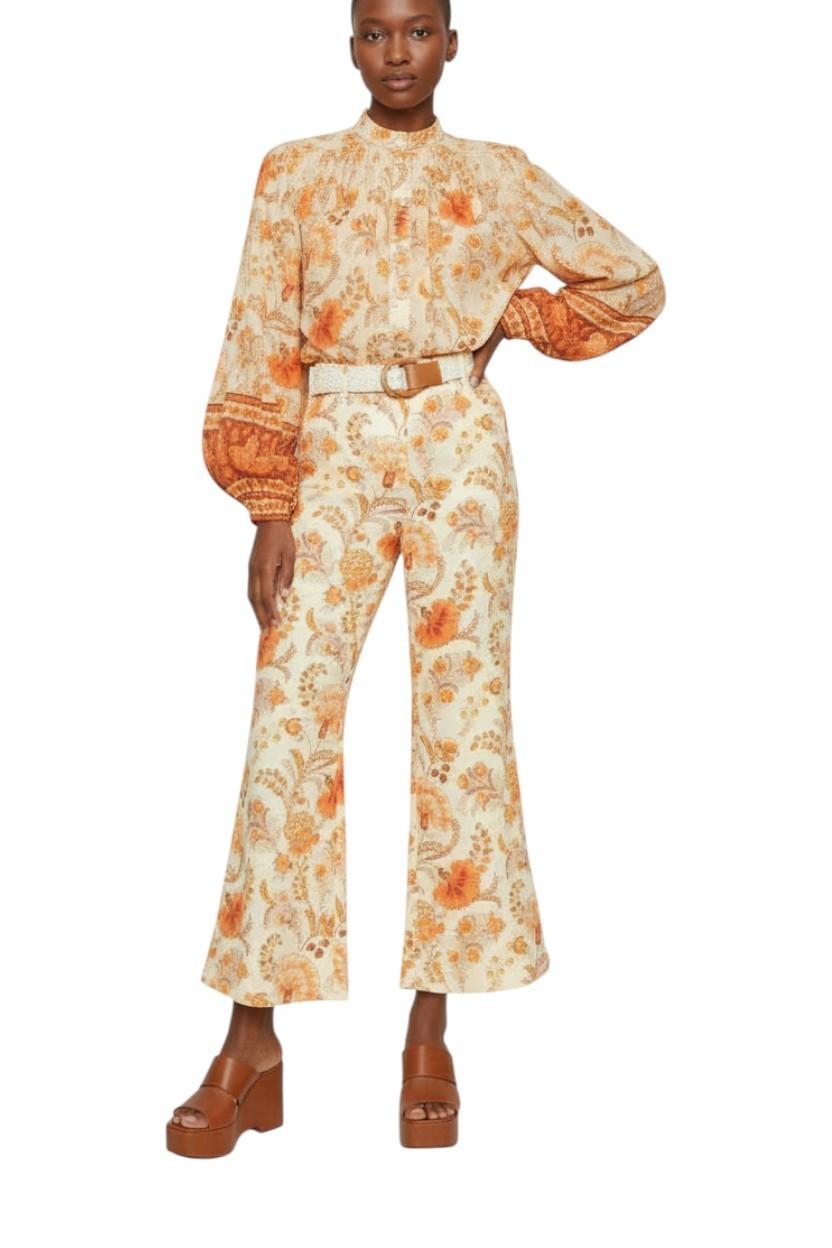 Zimmermann Junie Cropped Flare Pant | Yellow Floral, Linen, Belt, High Waist