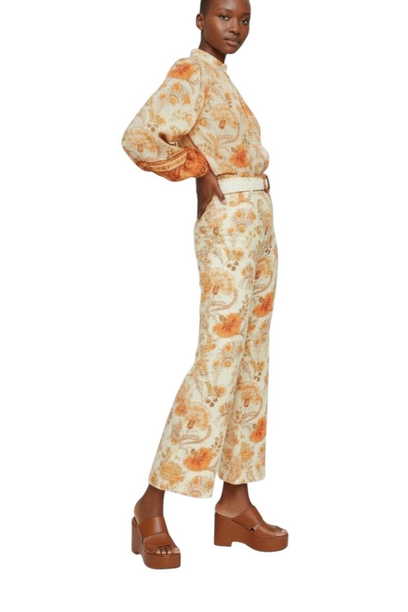 Zimmermann Junie Cropped Flare Pant | Yellow Floral, Linen, Belt, High Waist