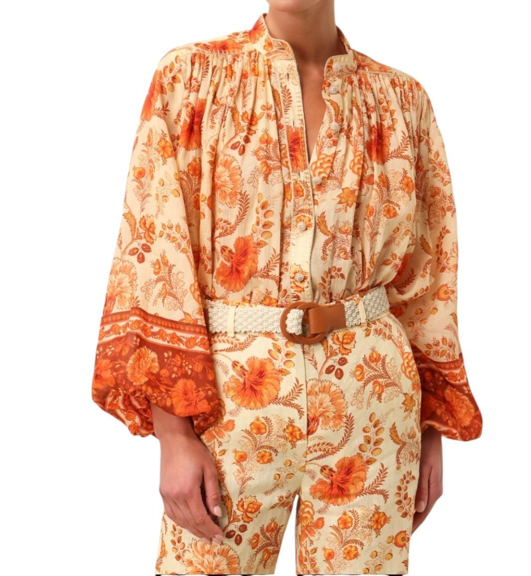 Zimmermann Junie Cropped Flare Pant | Yellow Floral, Linen, Belt, High Waist