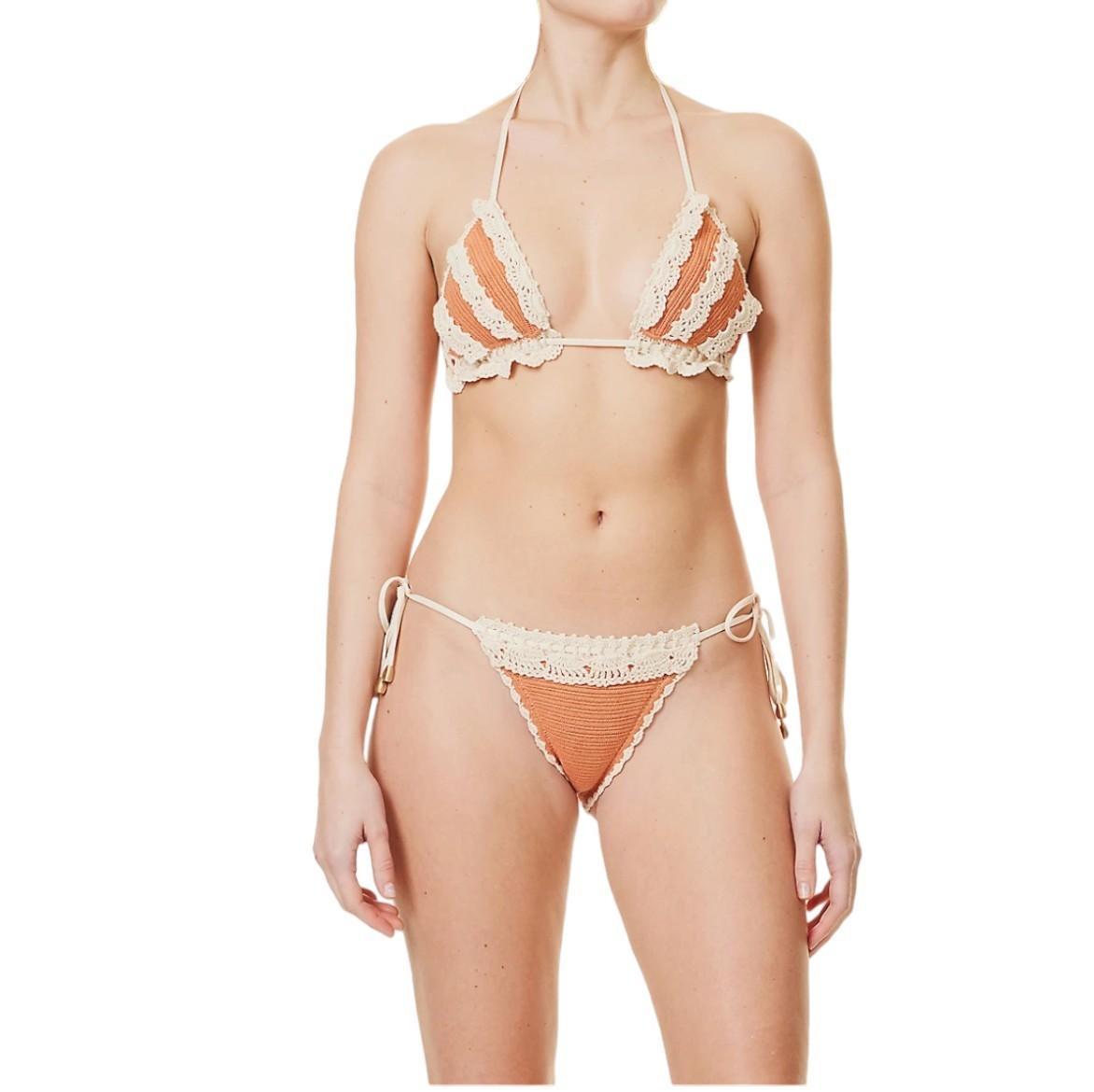 Zimmermann Wylie Knit Tri Bikini | Coral/Cream, Knitted, Triangle, Low Rise, Tie
