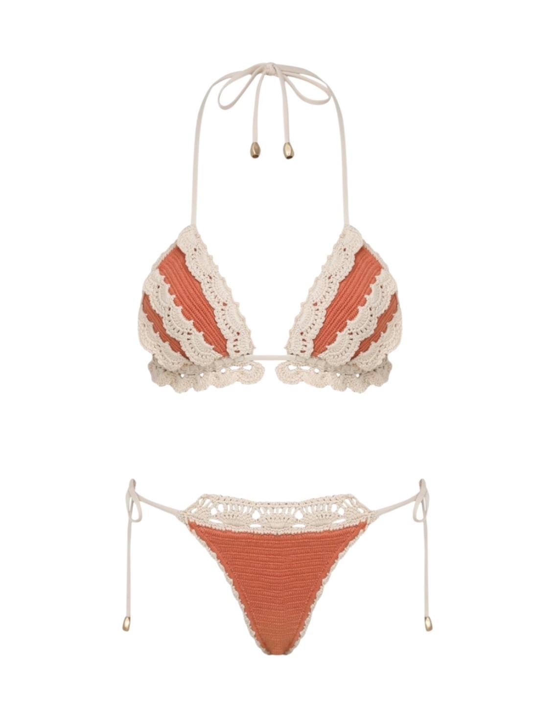 Zimmermann Wylie Knit Tri Bikini | Coral/Cream, Knitted, Triangle, Low Rise, Tie