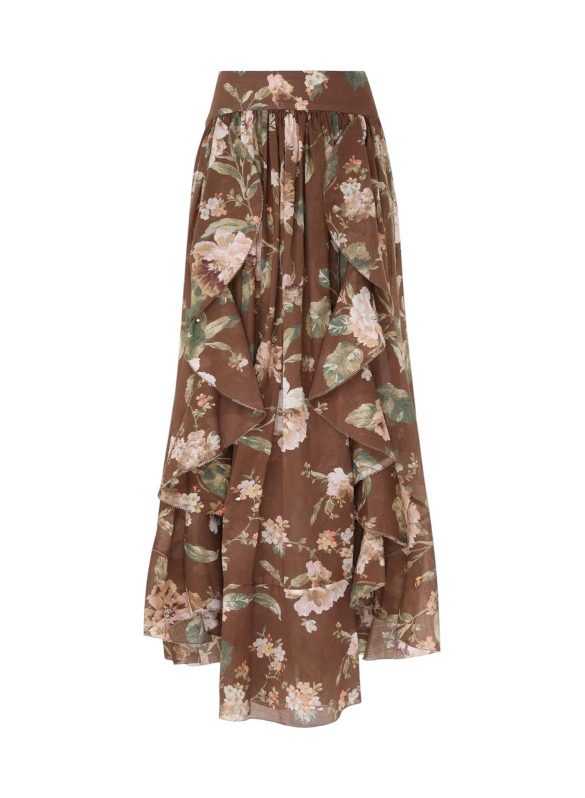 Zimmermann Acacia Ruffle Maxi Skirt | Brown Chocolate Floral, Cotton, High Waist