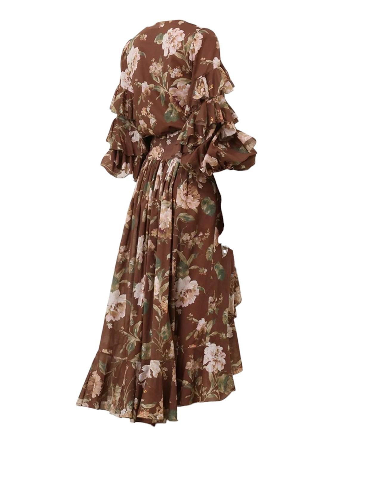 Zimmermann Acacia Ruffle Maxi Skirt | Brown Chocolate Floral, Cotton, High Waist