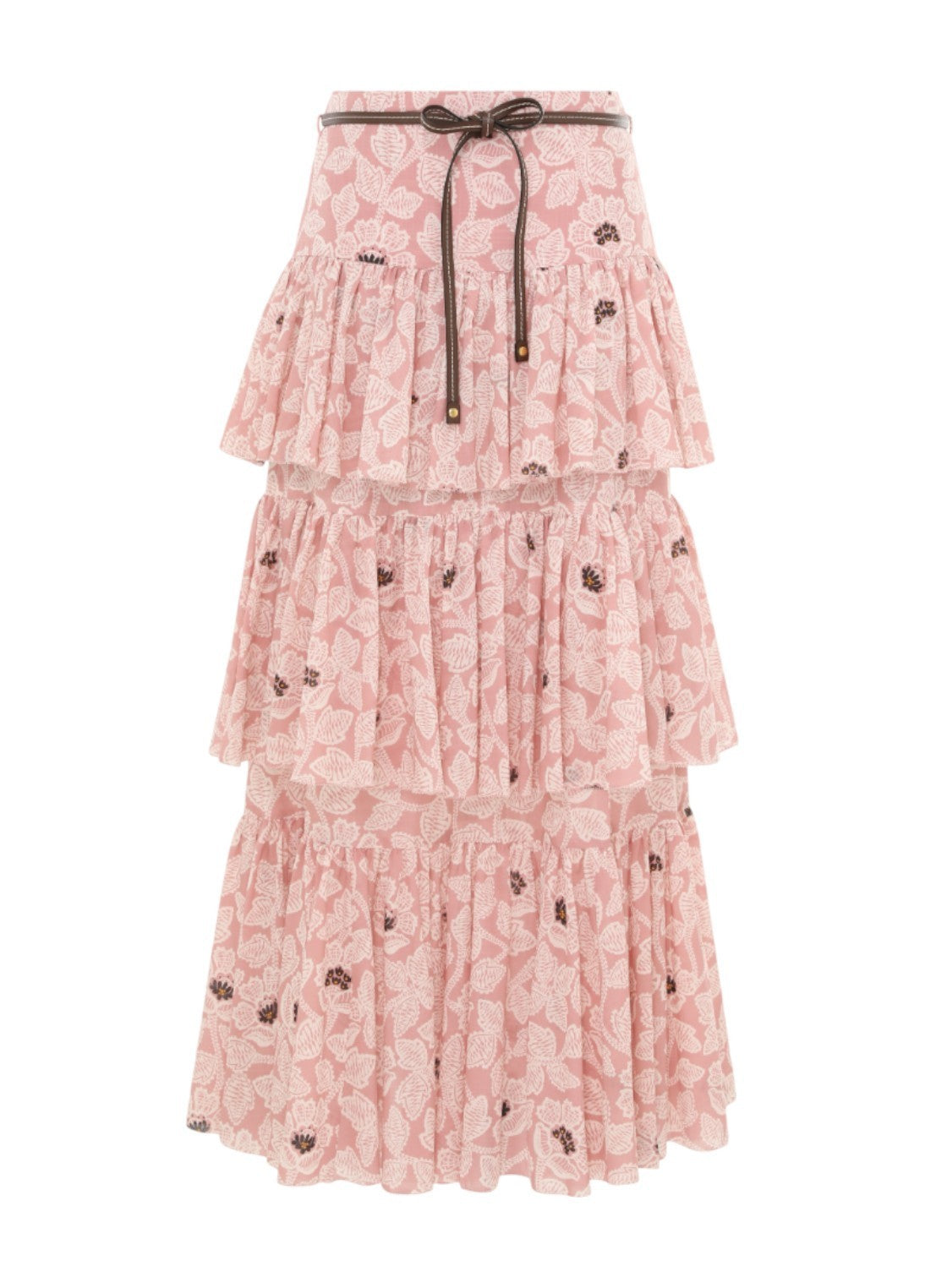 Zimmermann Ottie Tiered Midi Skirt | Rose Pink Floral, Cotton, High Waist, Belt