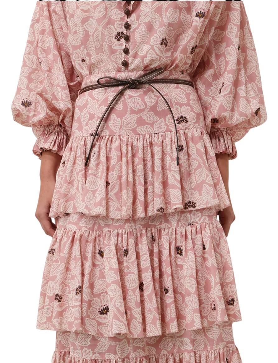 Zimmermann Ottie Tiered Midi Skirt | Rose Pink Floral, Cotton, High Waist, Belt