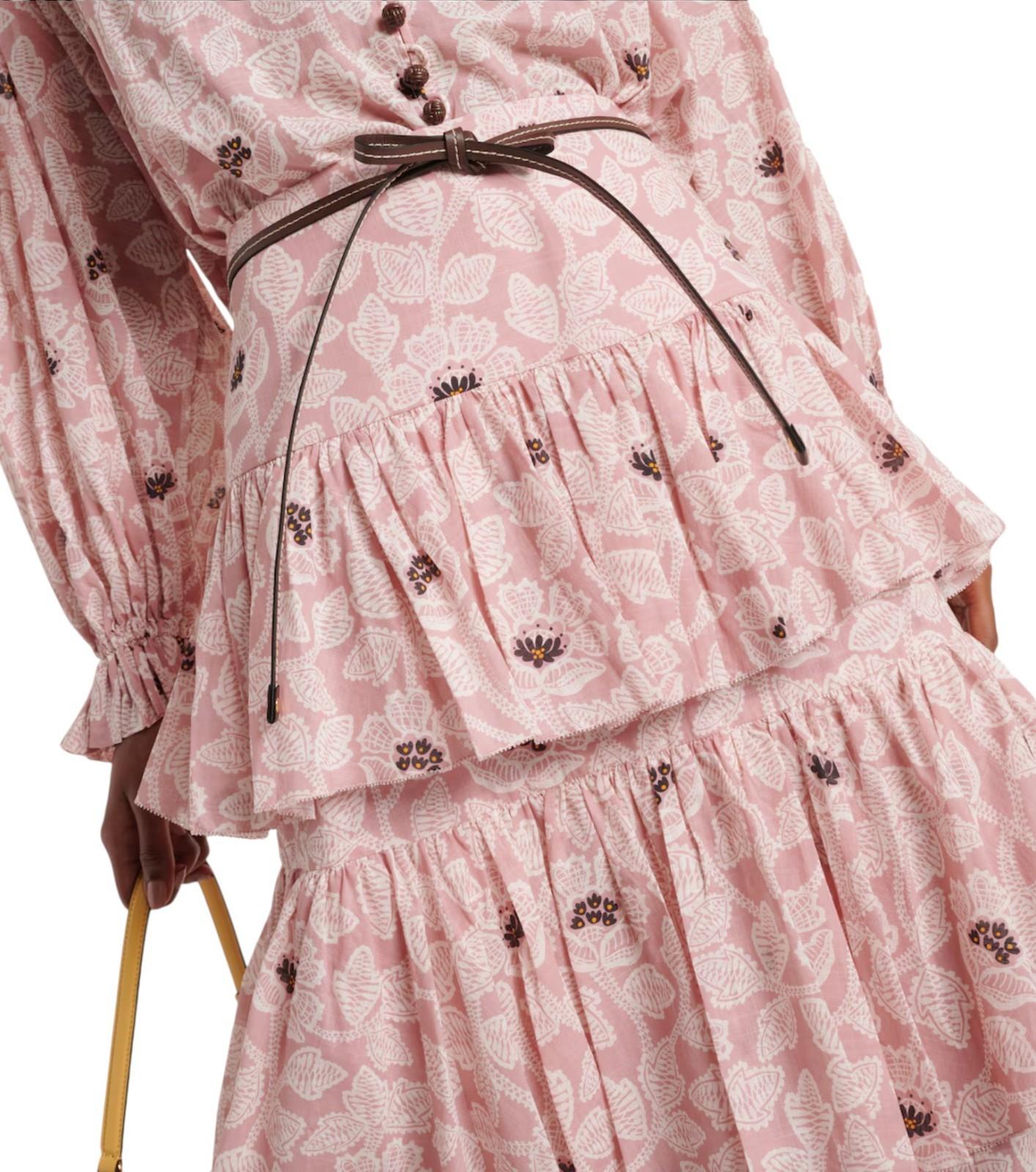 Zimmermann Ottie Tiered Midi Skirt | Rose Pink Floral, Cotton, High Waist, Belt