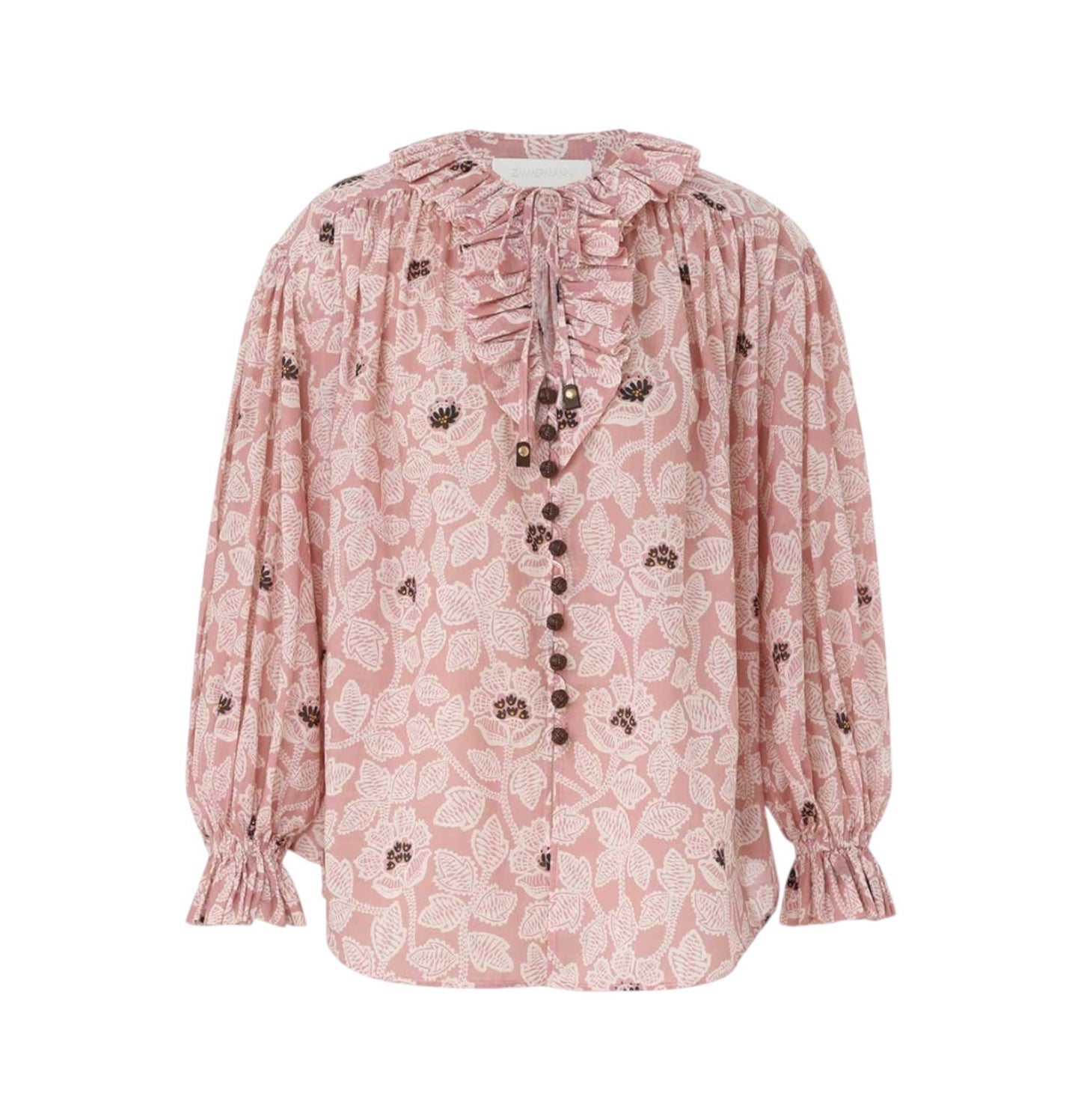 Zimmermann Ottie Ruffle Neck Top | Pink Floral, Cotton, Frills, Button, Dolman