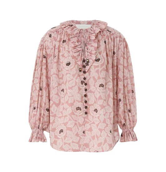 Zimmermann Ottie Ruffle Neck Top | Pink Floral, Cotton, Frills, Button, Dolman