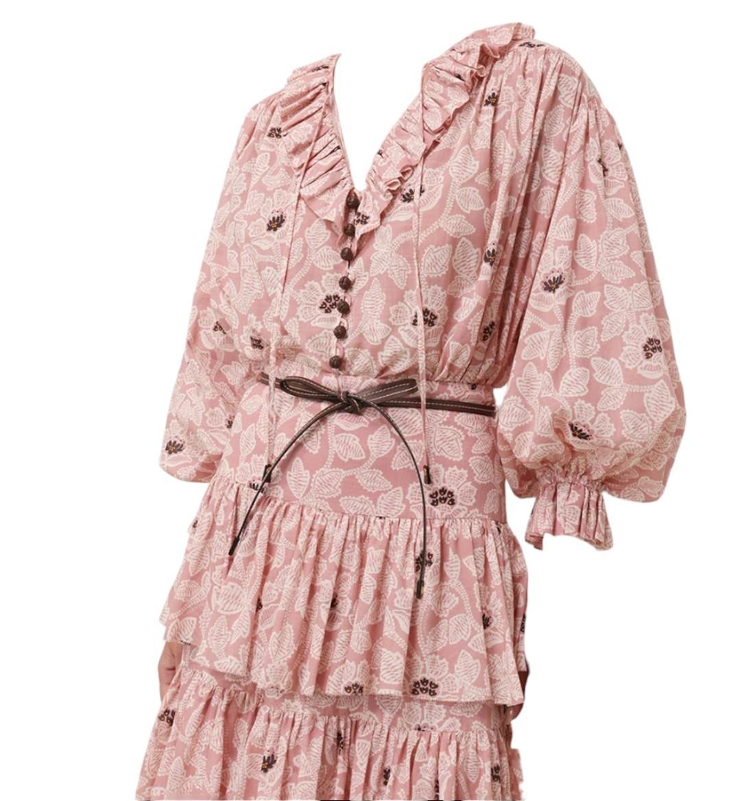 Zimmermann Ottie Ruffle Neck Top | Pink Floral, Cotton, Frills, Button, Dolman