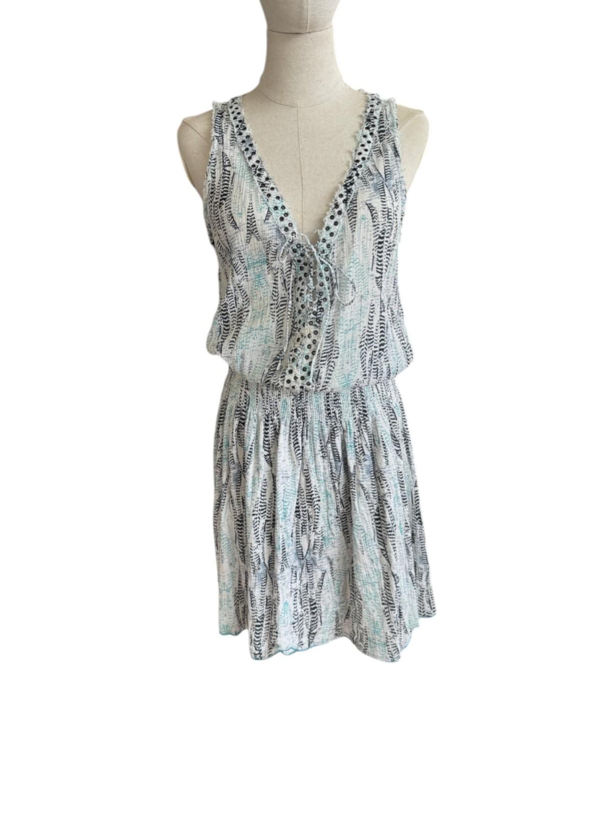 ZADIG & VOLTAIRE Cotton Mini Dress | Sz S, White/Blue/Black Print, Elastic Waist