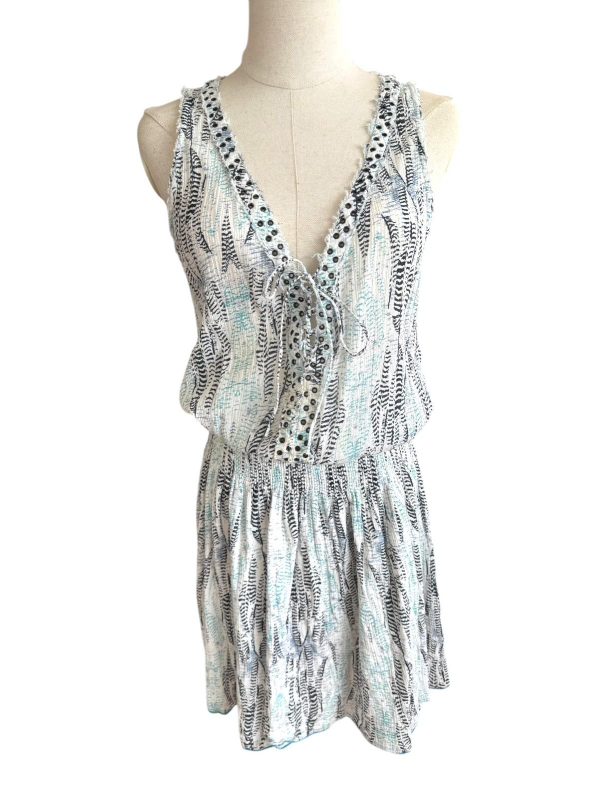 ZADIG & VOLTAIRE Cotton Mini Dress | Sz S, White/Blue/Black Print, Elastic Waist