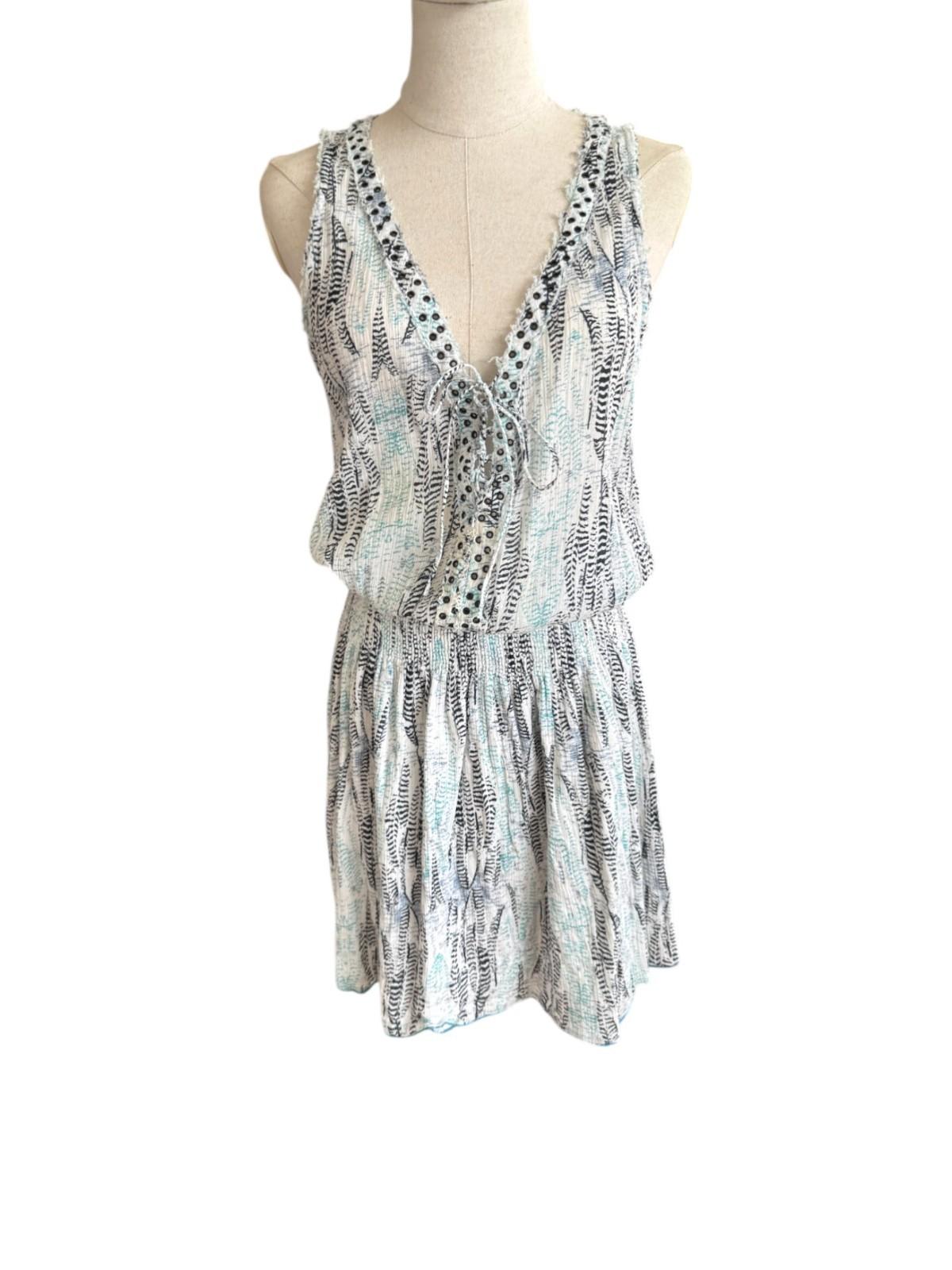 ZADIG & VOLTAIRE Cotton Mini Dress | Sz S, White/Blue/Black Print, Elastic Waist