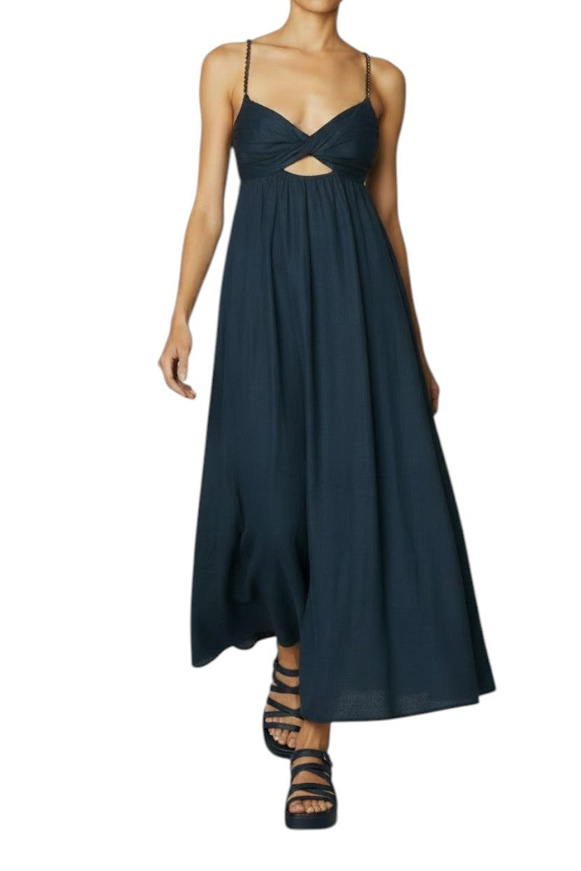 Zimmermann Ascension Twist Front Dress | Navy Blue, Linen, Back Cut Out, Beads