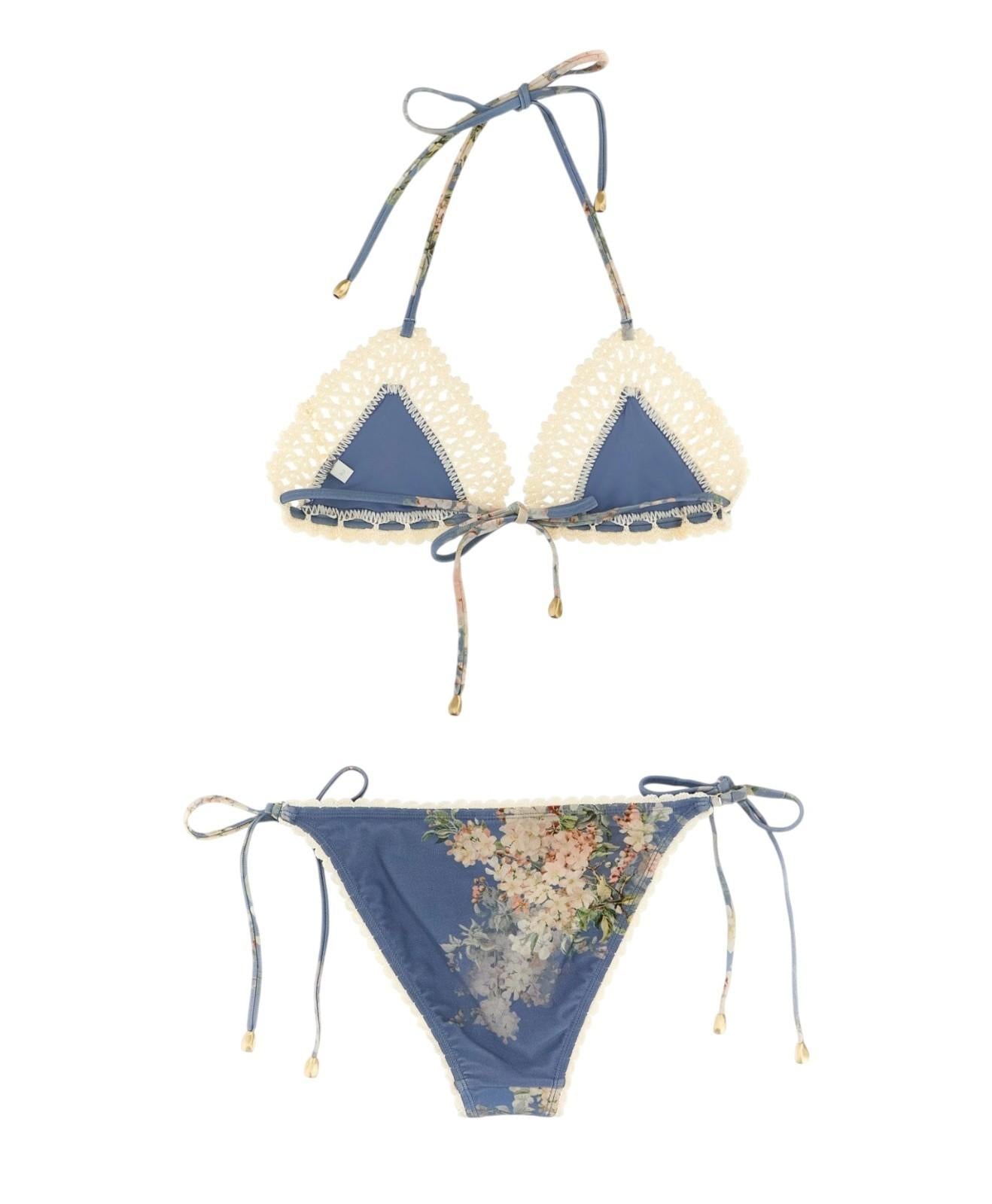 Zimmermann Cascadian Crochet Tri Bikini | Blue/White, Tie, Low Rise, Triangle