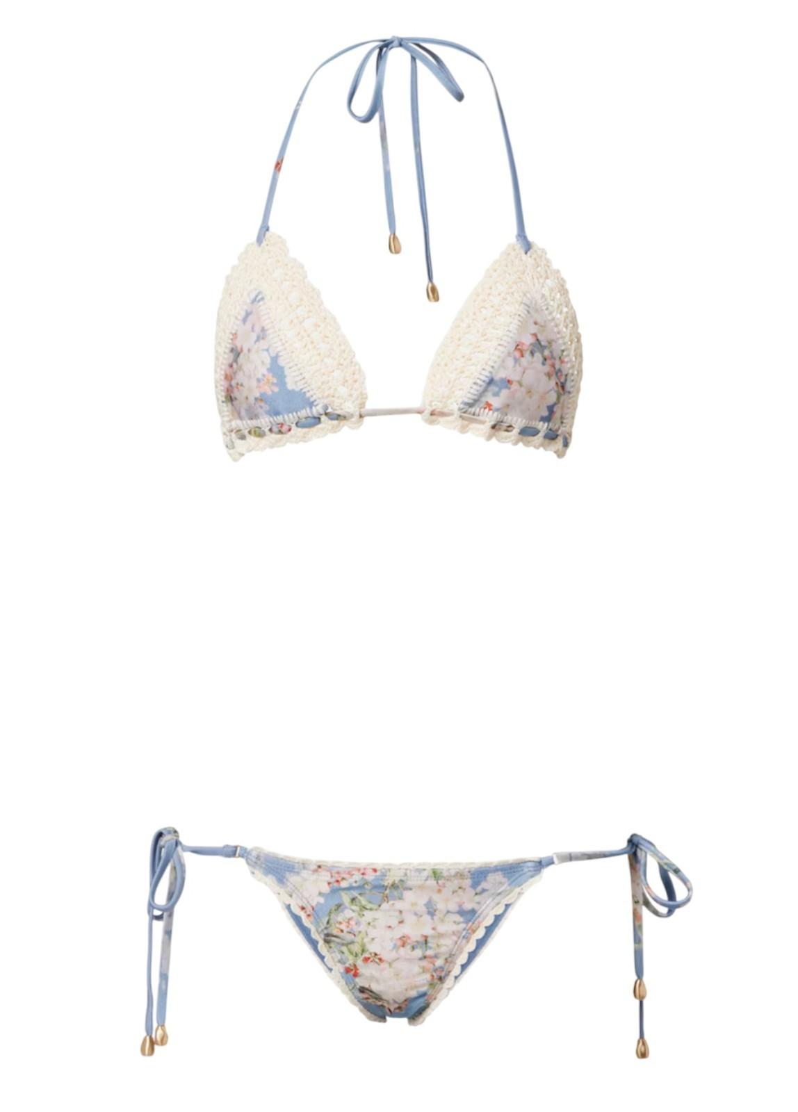 Zimmermann Cascadian Crochet Tri Bikini | Blue/White, Tie, Low Rise, Triangle