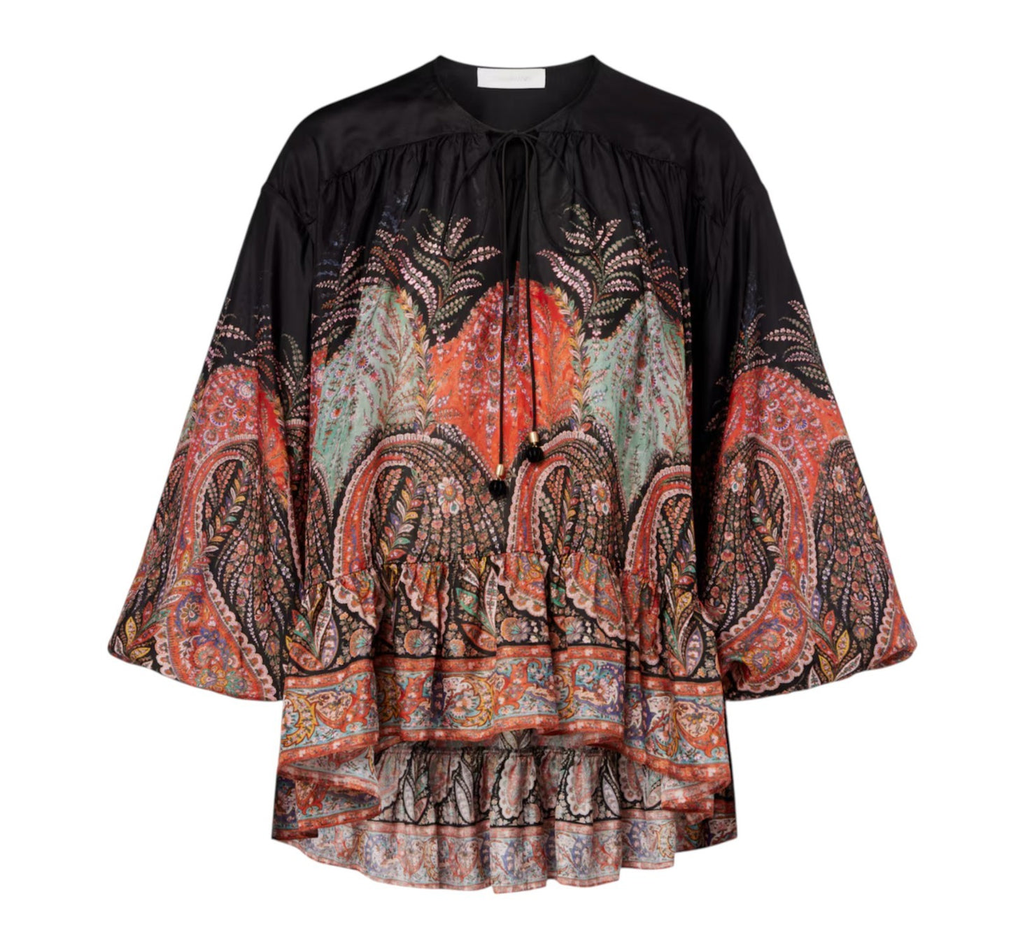 Zimmermann Rhiannon Ruffle Billow Blouse |Black Paisley, Silk, Relaxed, Neck Tie