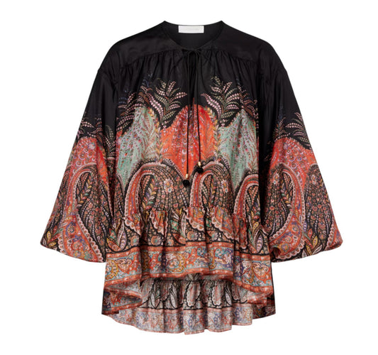 Zimmermann Rhiannon Ruffle Billow Blouse |Black Paisley, Silk, Relaxed, Neck Tie