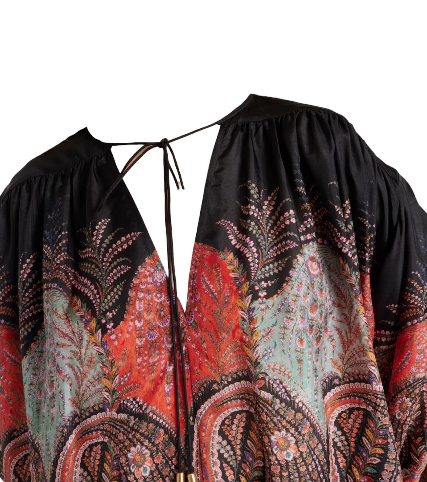 Zimmermann Rhiannon Ruffle Billow Blouse |Black Paisley, Silk, Relaxed, Neck Tie