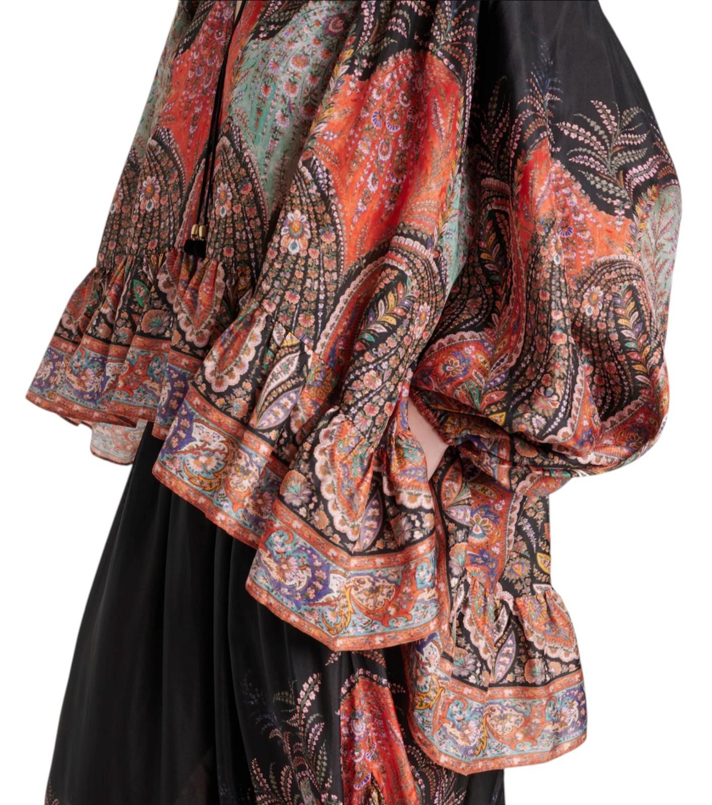 Zimmermann Rhiannon Ruffle Billow Blouse |Black Paisley, Silk, Relaxed, Neck Tie