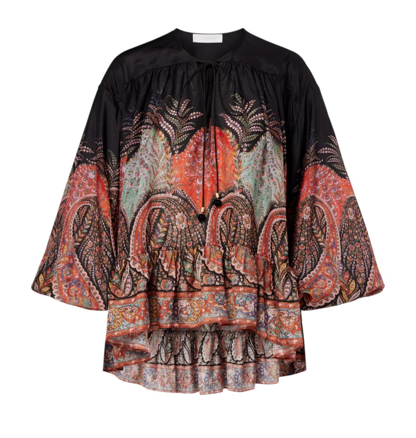 Zimmermann Rhiannon Ruffle Billow Blouse |Black Paisley, Silk, Relaxed, Neck Tie