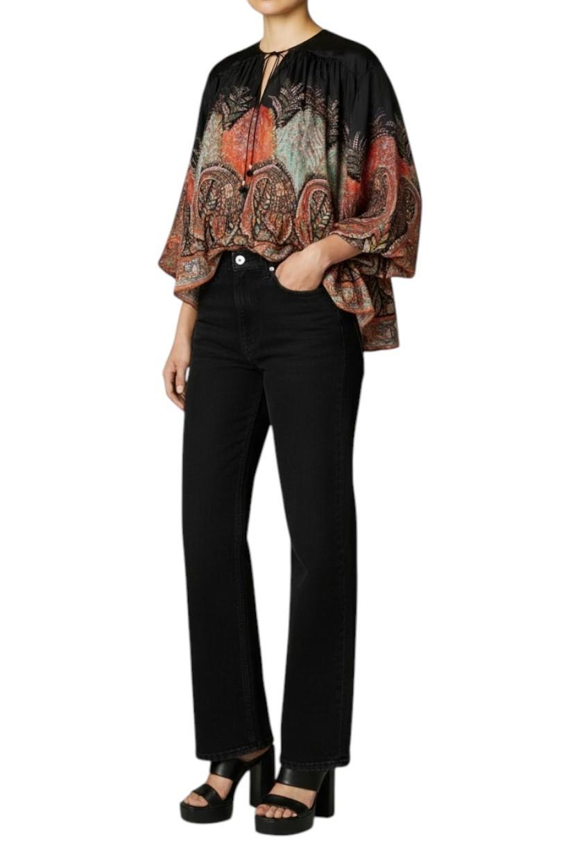 Zimmermann Rhiannon Ruffle Billow Blouse |Black Paisley, Silk, Relaxed, Neck Tie